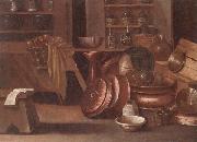 unknow artist A Kitchen still life of utensils and fruit in a basket,shelves with wine caskets beyond oil on canvas